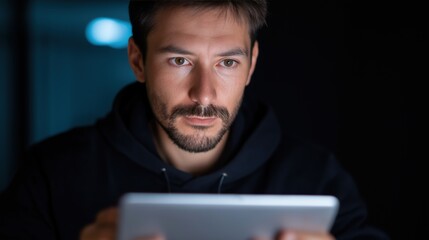 A white man in a dark hoodie using a tablet in a dimly lit room with blue lighting, focusing on cybersecurity tasks.