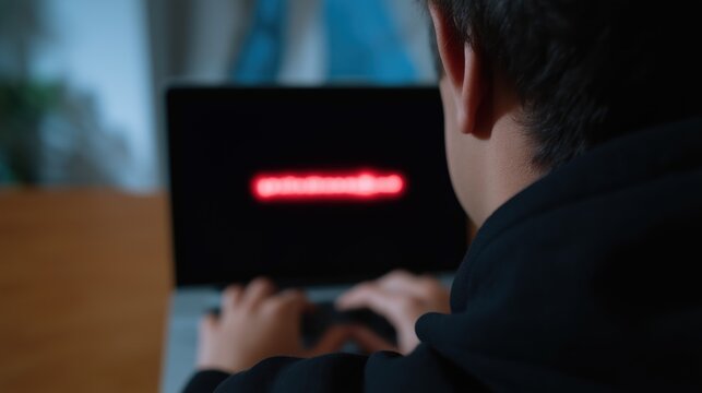 In a dimly lit room with a wooden desk, a person in a dark hooded sweatshirt is typing on a laptop that displays 'Access Denied'.