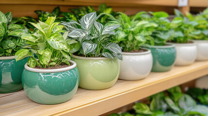 Potted plants with variegated leaves are neatly arranged on wooden shelves. Indoor gardening and plant decor