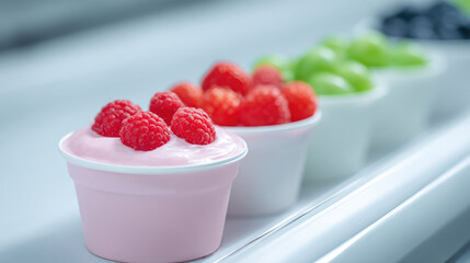 Raspberries are arranged on top of a pink yogurt in a row of cups. Fresh and delicious dessert concept
