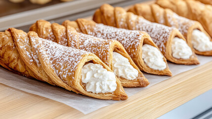 Pastry cones filled with cream are lined up on a wooden surface, topped with powdered sugar. Sweet dessert indulgence
