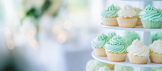 Cupcakes with light green and white frosting are neatly arranged on a multi-tiered stand. Sweet and elegant dessert display