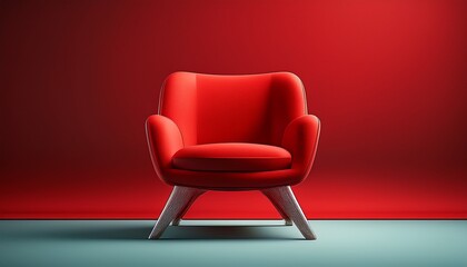 Obraz premium 3d rendering of a red chair the chair is standing upright on a plain red background it has a simple design with a curved backrest and armrests and four legs that are slightly tapered at the bottom