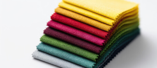 A stack of fabric samples in various colors is neatly arranged in a layered pattern. Textile variety, fabric samples, color palette, organization