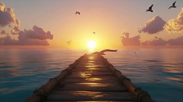 Serene sunset over calm ocean, wooden pier extending towards vibrant sun