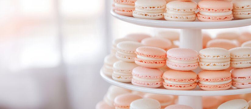 A tiered stand holds multiple rows of macarons in pastel colors, arranged neatly. Sweet desserts, elegant presentation, soft hues