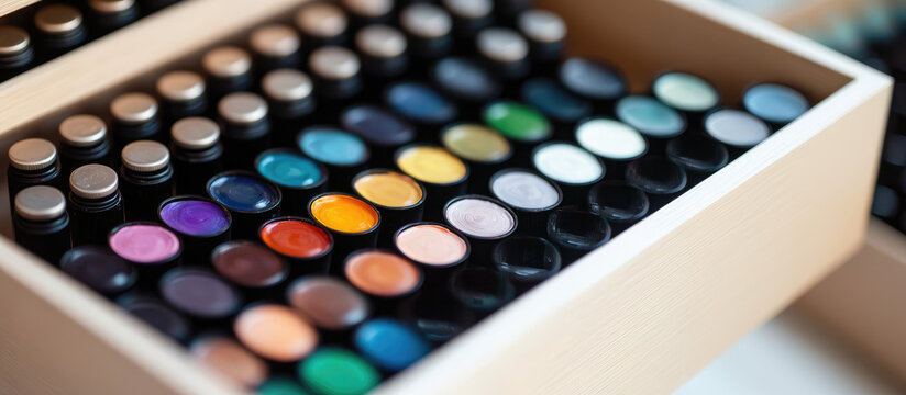 A neatly organized drawer contains rows of colorful paint bottles. Bright arrangement, creativity, art supplies