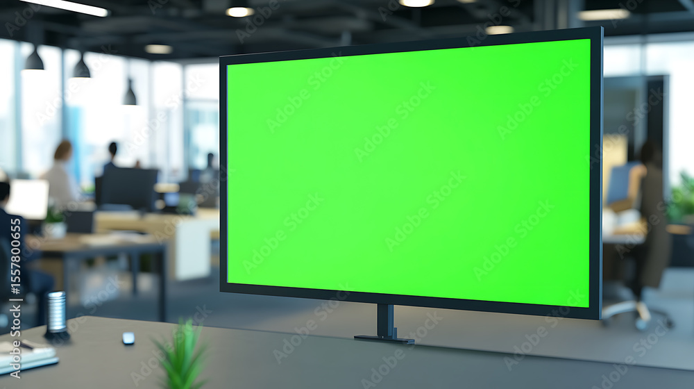 Poster office monitor with green screen, perfect for digital integrations, software demos and virtual backg