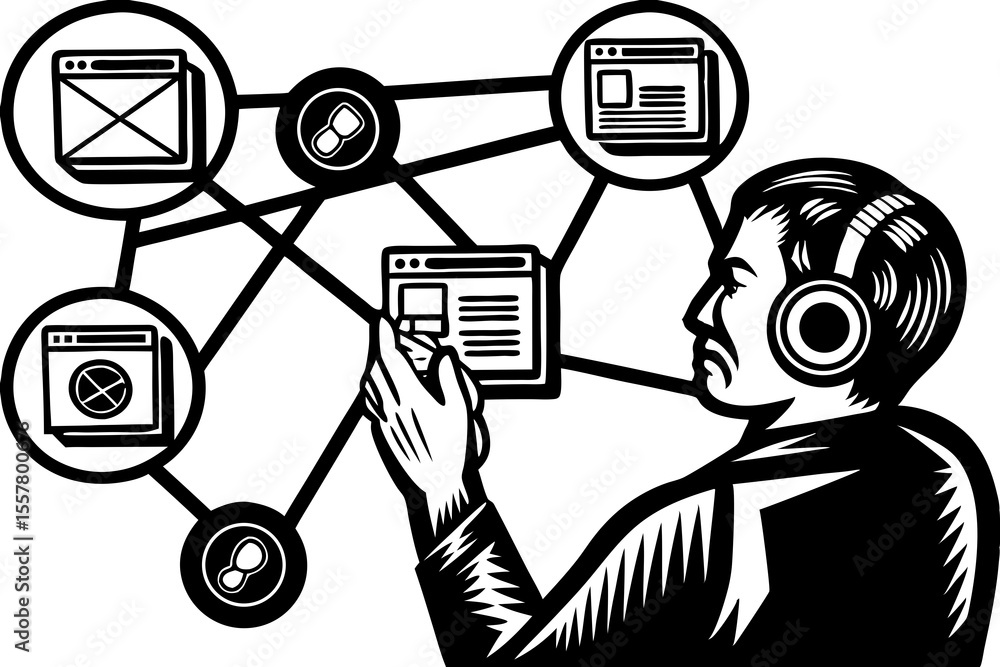 Poster a person wearing headphones connected with several interface elements representing web design and di