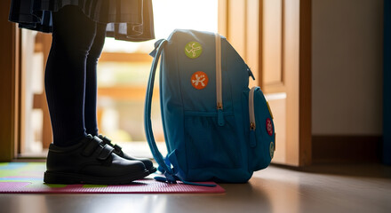 A child stands at a doorway with a backpack, ready to go to school, suggesting anticipation and the start of a new day.