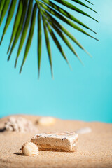 Stone Podium On Sand, Best For Product Advertising, Skin Care Products and Cosmetics or spf. Minimalist and elegant Style, Beige Background. High quality photo
