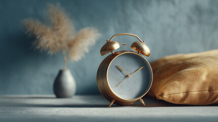 Vintage gold alarm clock placed on a textured surface beside a soft pillow and a decorative vase with dried plants, creating a cozy home atmosphere