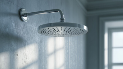 Modern showerhead with sleek design is mounted on a wall, showcasing water flow in a bright bathroom environment with natural light streaming through the window