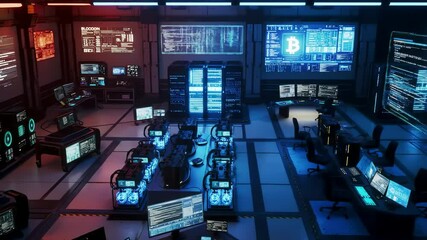 Cyberpunk control room with server racks monitors and futuristic tech - Powered by Adobe