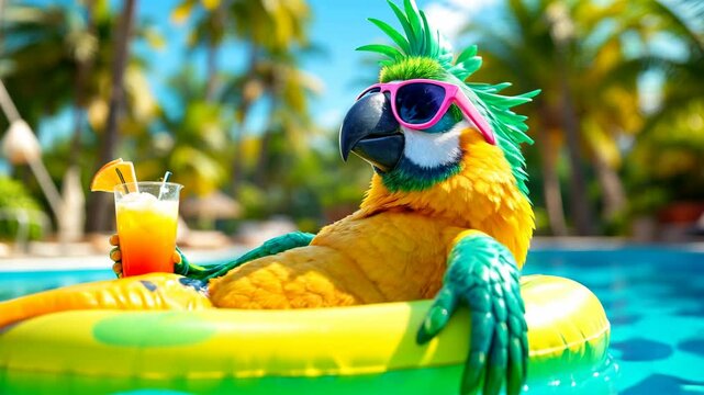 Colorful parrot relaxing on inflatable pool float with cocktail in tropical paradise, funny summer vacation concept, Tropical Fowl Fiesta