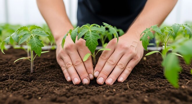 A dedicated farmer's hands carefully plant a young tomato seedling into rich, fertile soil, embracing the concept of sustainable agriculture and new life. - Powered by Adobe