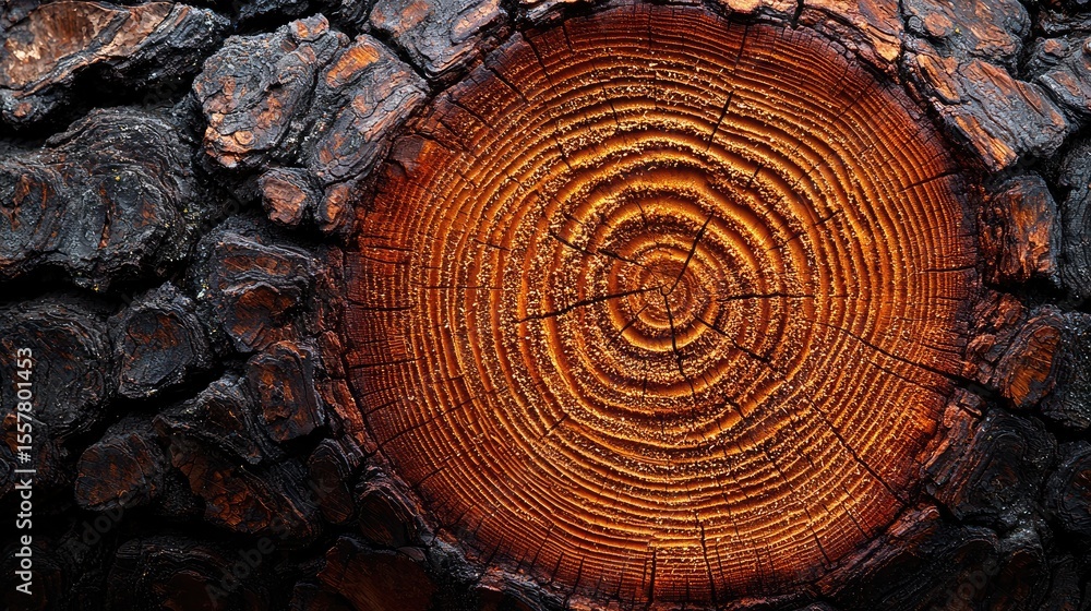 Aufkleber close-up view of a charred tree trunk with a visible growth ring.