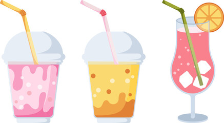 Tropical beach soft drink with straw. Cold and refreshing drink for hot weather. Hand drawn vector simple illustration.
