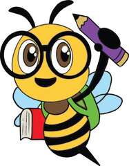 Adorable cartoon bee character wearing glasses holding a pencil and a book ready for school