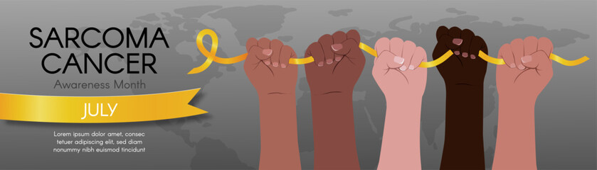 Illustration of diverse hands holding a yellow ribbon for Sarcoma Cancer Awareness Month, celebrated in July, with global unity theme