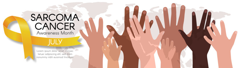 Sarcoma Cancer Awareness Month concept with raised diverse hands and yellow ribbon on world map background, July health campaign
