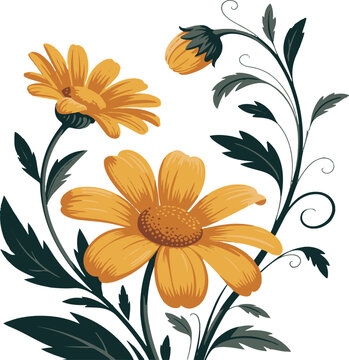 Artistic illustration of yellow daisies with green leaves and floral design elements for backgrounds