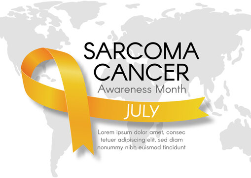 Minimalist Sarcoma Cancer Awareness Month design with yellow ribbon and world map. Clean, modern layout for health education, July campaigns, and medical awareness materials