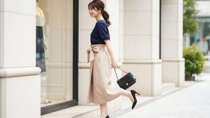 ショーウインドウ前を颯爽と歩く女性