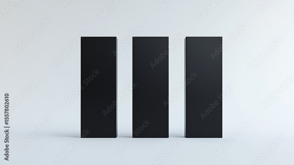 Poster minimalist arrangement of three sleek, matte black boxes set against a gradient white backdrop, crea