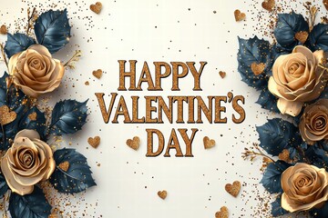 Elegant Valentine's Day banner with roses, golden hearts, and decorative elements