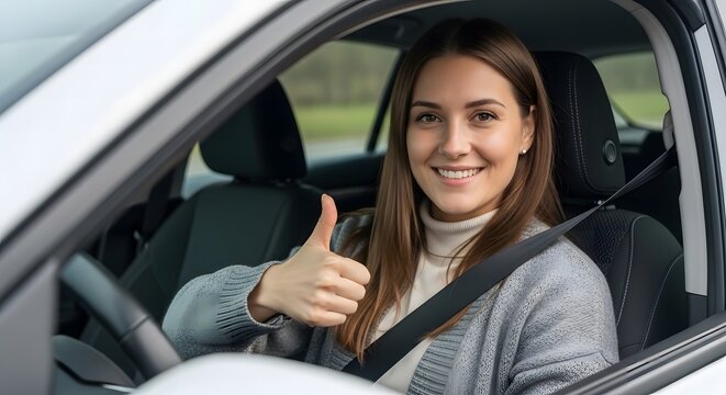 A cheerful young woman sits behind the wheel of a modern car, fastened with a seatbelt, and shows a thumbs-up gesture, expressing her joy and satisfaction with her new vehicle.