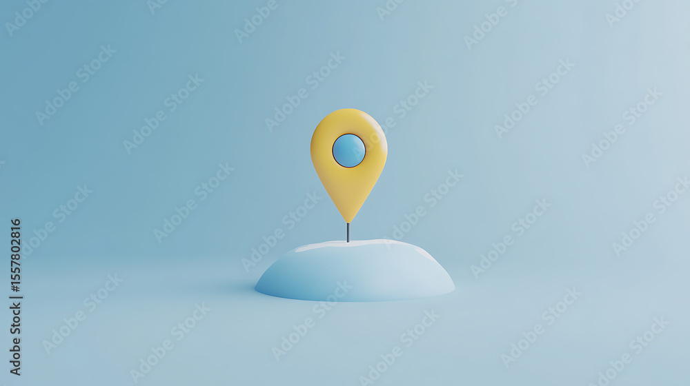 Poster conceptual image of a location pin in a stylized presentation against a light blue backdrop, used fo