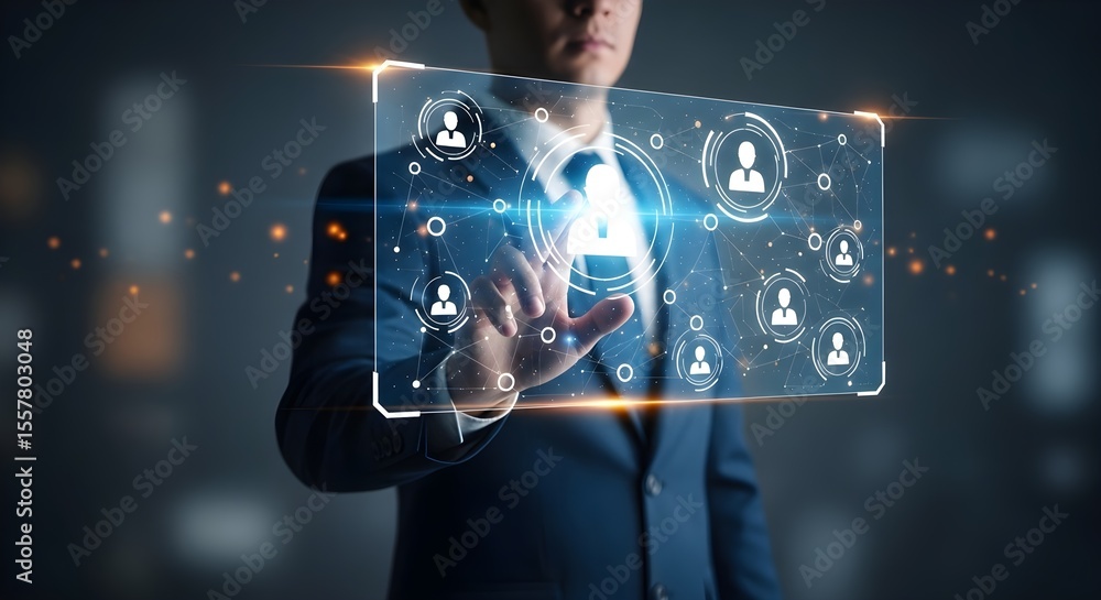 Poster a businessman uses a futuristic interface to manage digital profiles. the image conveys modern techn