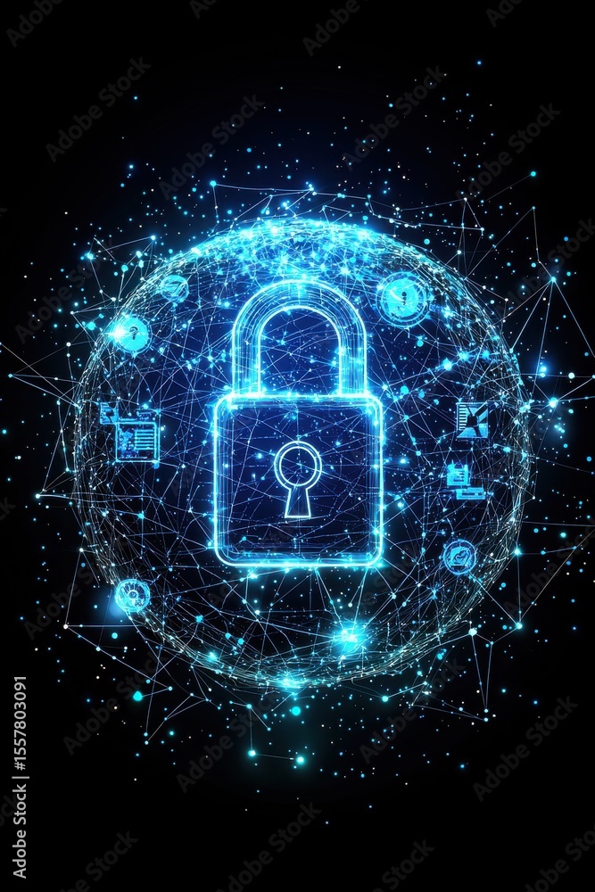 Poster digital lock icon surrounded by network connections and glowing nodes on dark background