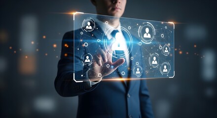 A businessman uses a futuristic interface to manage digital profiles. The image conveys modern technology and data security.
