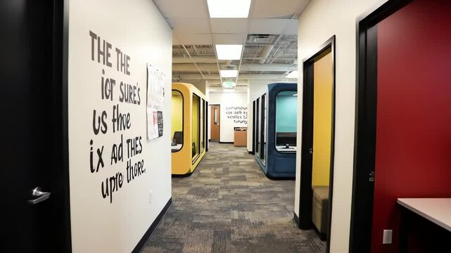 Hallway view Doors  phone booths line carpeted floor Words adorn walls under drop ceiling
