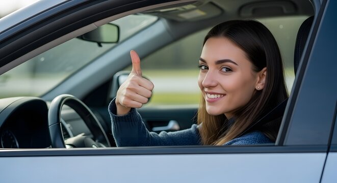 Confident young woman driver smiling with a thumbs up gesture, sitting in her modern car. Concept of satisfaction and success in obtaining a driving license.