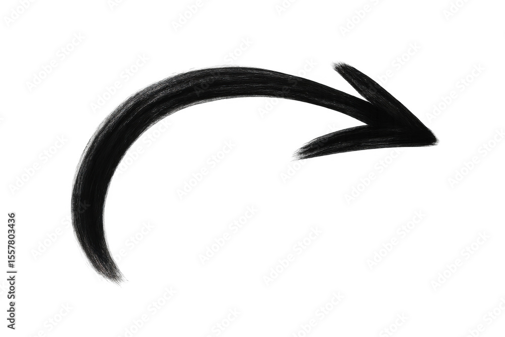 Poster black hand-drawn curved arrow pointing rightward on transparent backdrop, serving graphic design nee