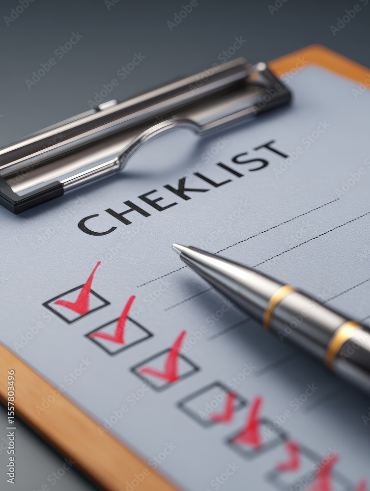 Poster close-up of a checklist on a clipboard, representing organization, task management, and progress tra