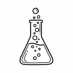 Line art illustration of a laboratory flask with bubbles and liquid, symbolizing science, research, and chemistry in a minimalistic style