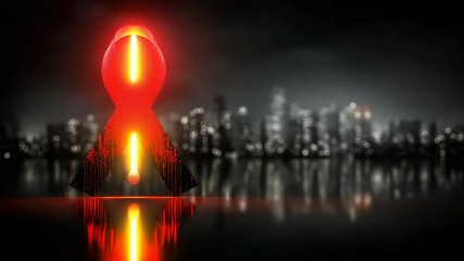 Futuristic glowing ribbon loop with vertical neon core on cityscape backdrop, red and orange cyber tones for awareness campaigns, medical branding, and digital concept videos, with copy space on cente - Powered by Adobe