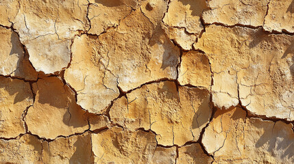Beige rough stucco wall texture with visible cracked patterns. Natural weathered surface showing imperfections and irregularities. Rustic and aged appearance, ideal for backgrounds and architectural d