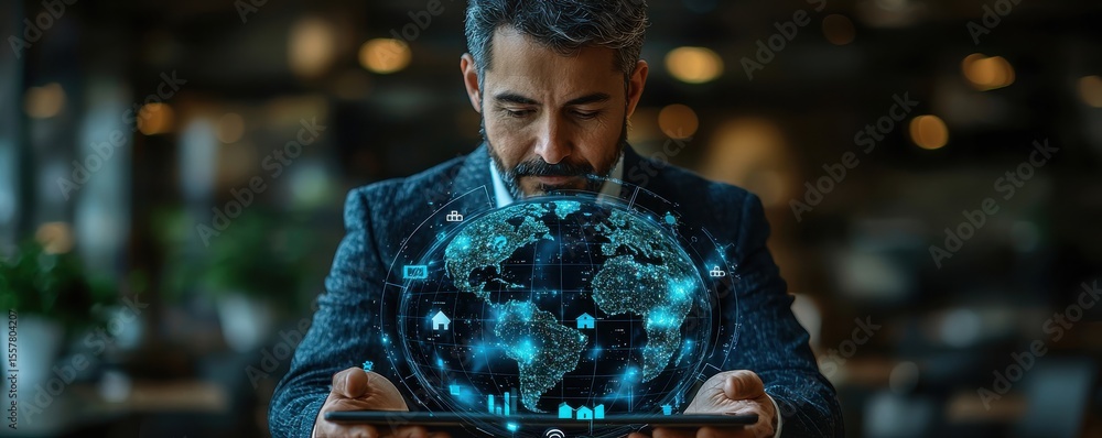 Poster businessman with virtual tablet displaying global network and technology concept