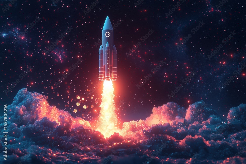 Aufkleber astronaut exploring a fiery landscape with a rocket launch in the background