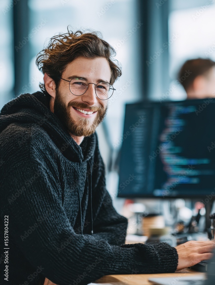 Poster web development with smile of man in creative workplace for coding or design