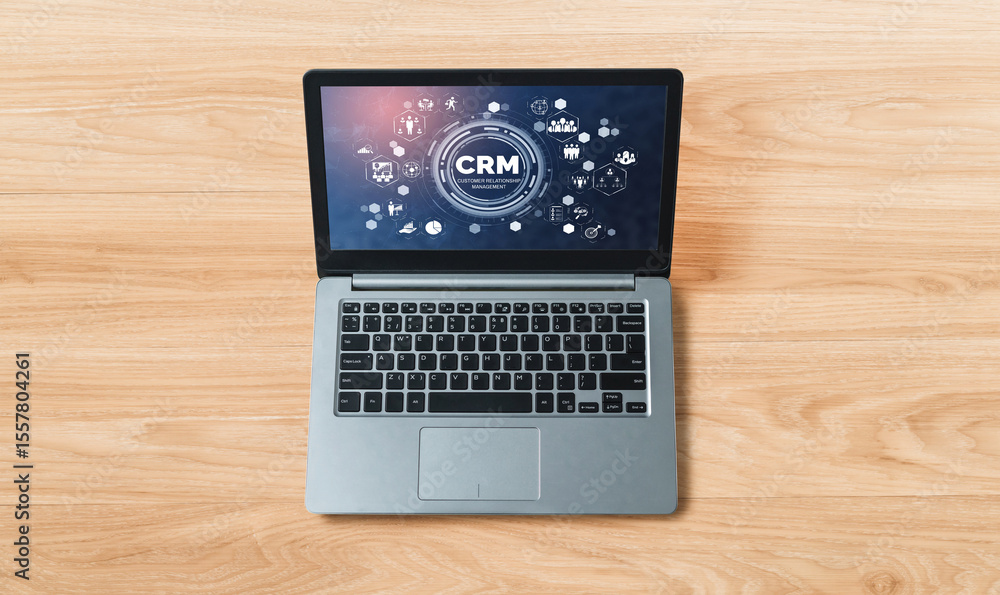 Aufkleber customer relationship management system on modish computer for crm business and enterprise
