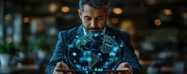 Businessman with virtual tablet displaying global network and technology concept