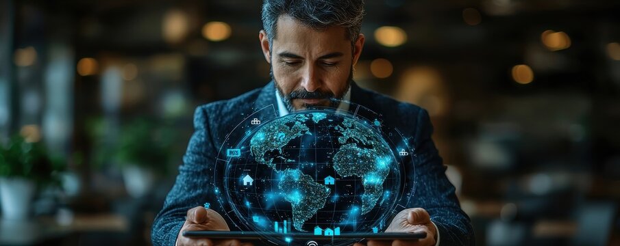 Businessman with virtual tablet displaying global network and technology concept