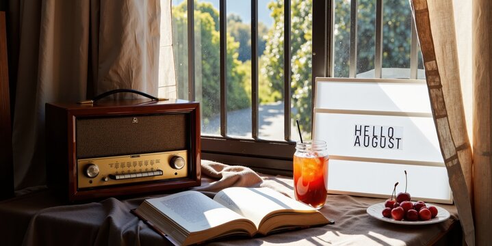 a book, a radio and a glass of wine are on a table near a window