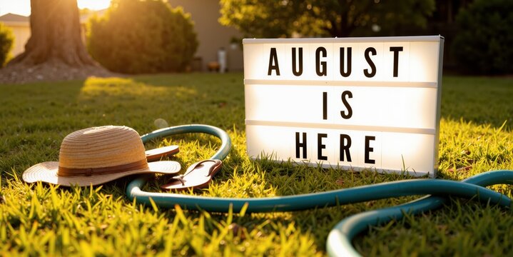 august is here sign on grass